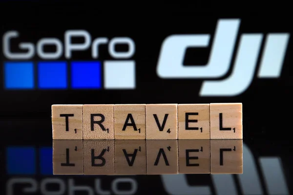 Wroclaw Poland February 2020 Word Travel Made Wooden Letters Gopro — Stockfoto