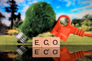 WROCLAW, POLAND - FEBRUARY 28, 2020: The word ECO made of scrabble letters, plug and green eco light bulb with grass and blue sky background. Renewable energy concept.