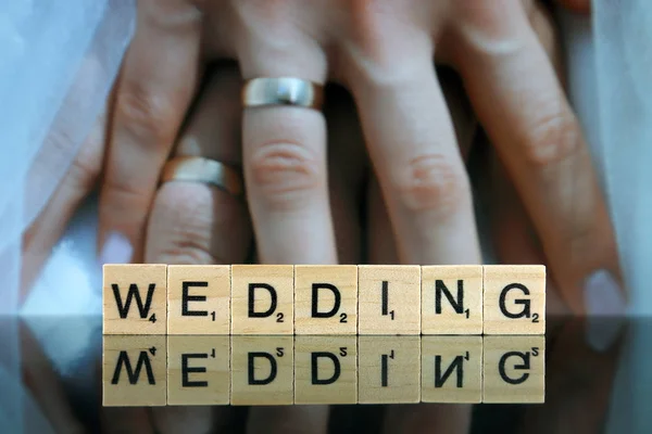 Wroclaw Poland February 2020 Word Wedding Made Scrabble Letters Hands — Zdjęcie stockowe