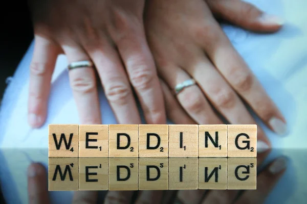 Wroclaw Poland February 2020 Word Wedding Made Scrabble Letters Hands — Zdjęcie stockowe