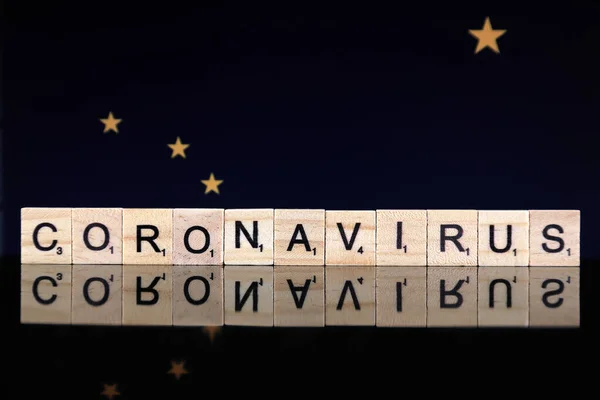 Wroclaw Poland March 2020 Word Coronavirus Made Wooden Letters Alaska — Stock Photo, Image