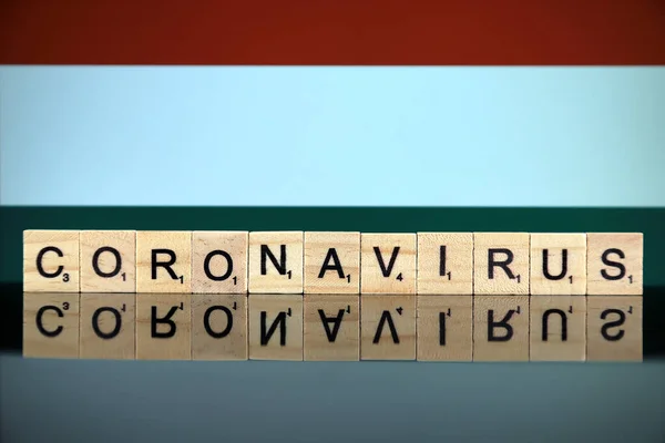 Wroclaw Polen März 2020 Wort Coronavirus Aus Holzbuchstaben Und Ungarn — Stockfoto
