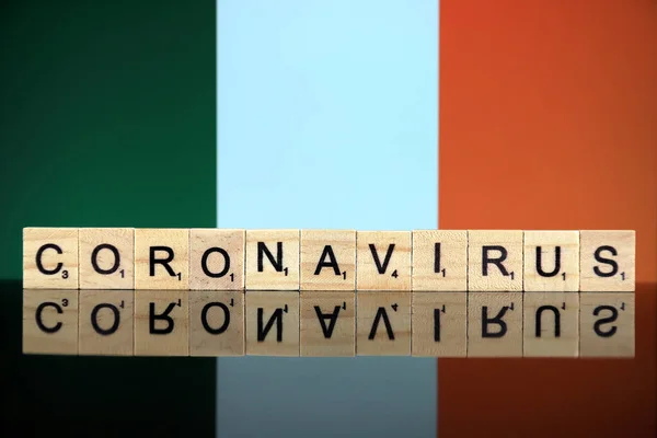 Wroclaw Poland 2020年3月28日 Word Coronavirus Made Wood Letters Ireland Flag — ストック写真