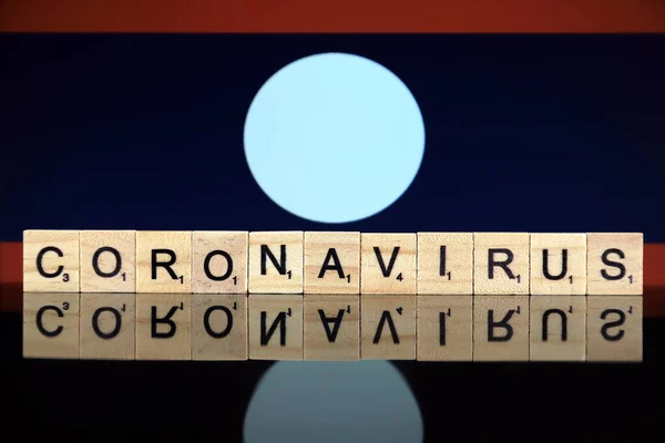 Wroclaw Poland March 2020 Word Coronavirus Made Wooden Letters Laos — Stock Photo, Image