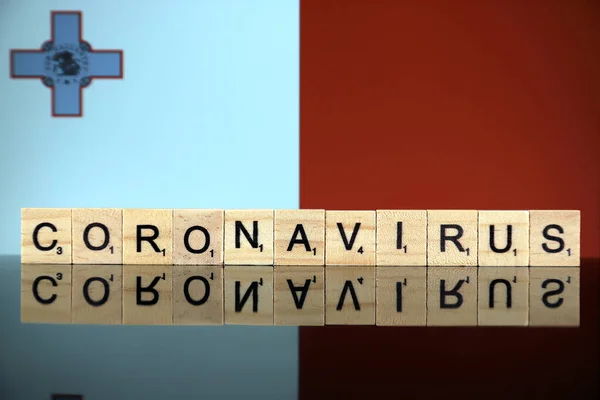 Wroclaw Poland March 2020 Word Coronavirus Made Wooden Letters Malta — Stock Photo, Image