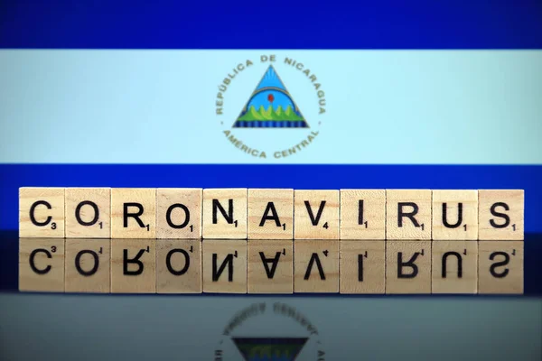 Wroclaw Poland March 2020 Word Coronavirus Made Wooden Letters Nicaragua — Stock Photo, Image