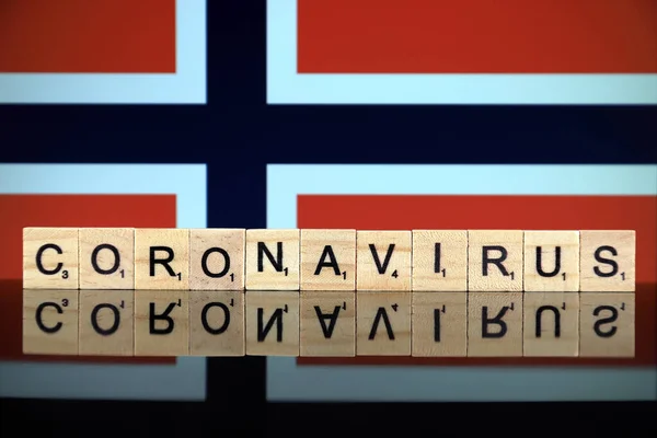 Wroclaw Poland 2020年3月28日 Word Coronavirus Made Wood Letters Norway Flag — ストック写真