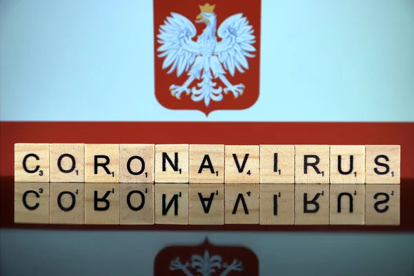 Wroclaw Polonia Marzo 2020 Word Coronavirus Hecha Letras Madera Bandera — Foto de Stock