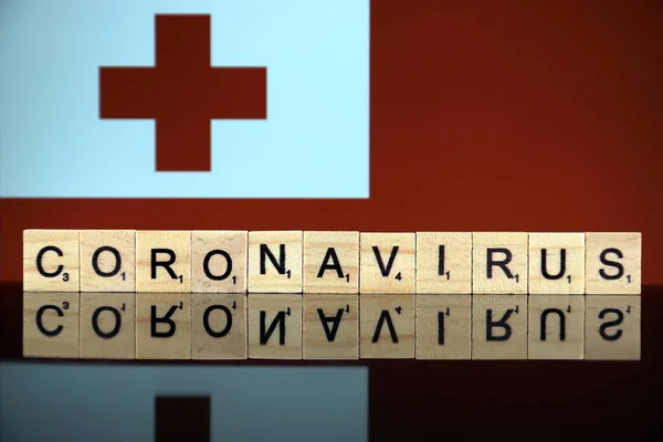 Wroclaw Polonia Marzo 2020 Word Coronavirus Lettere Legno Tonga Flag — Foto Stock