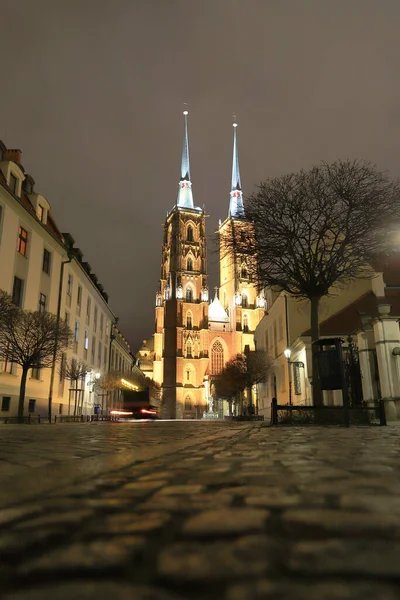 Wroclaw Poland March 2020 Night View Cathedral John Baptist Wroclaw — Stock Photo, Image