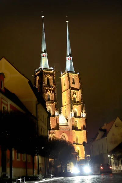 Wroclaw Poland March 2020 Night View Cathedral John Baptist Wroclaw — Stock Photo, Image