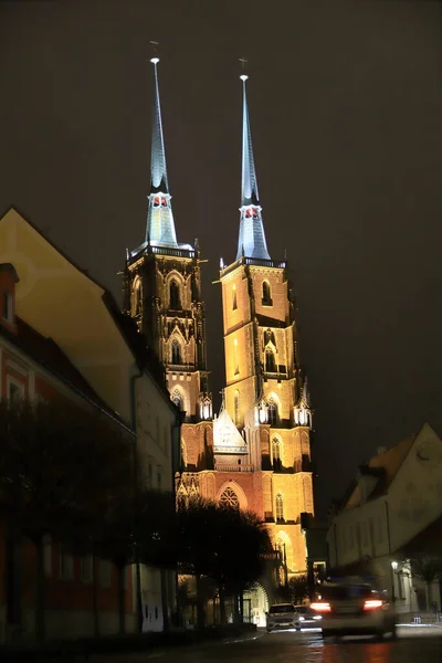 Wroclaw Poland March 2020 Night View Cathedral John Baptist Wroclaw — Stock Photo, Image