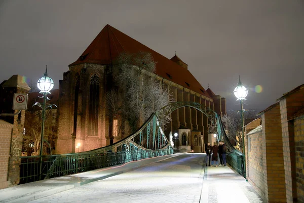 Wroclaw Poland March 2020 Night View Tumski Bridge Cathedral Island — Stock Photo, Image