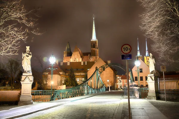 Wroclaw Poland March 2020 Night View Tumski Bridge Cathedral Island — Stock Photo, Image