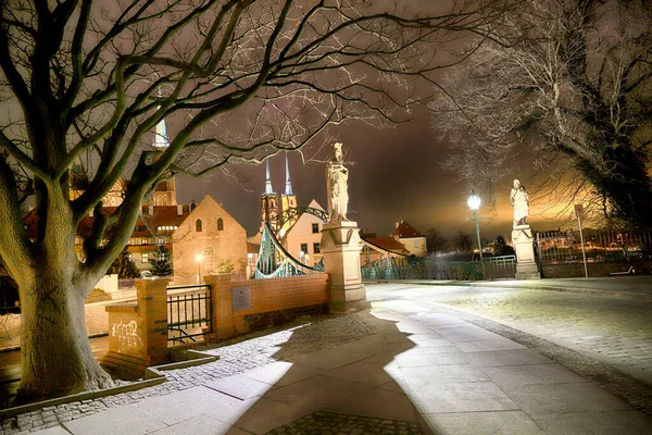 Wroclaw Polsko Března 2020 Noční Pohled Tumského Most Ostrově Katedrála — Stock fotografie