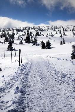 KARPACZ, POLAND - 08 Mart 2020: Sniezka 'ya turist yolu (Çek Cumhuriyeti ile Polonya arasındaki sınır). Kış manzarası. Dev Dağlar, Polonya, Avrupa.