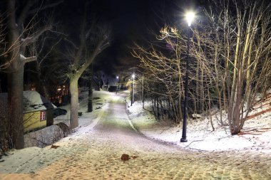 KARPACZ, POLAND - 08 Mart 2020: Karpacz gece görüşü. Polonya 'nın güneybatısında bir spa kasabası ve kayak merkezidir ve Polonya, Avrupa' nın en önemli dağ yürüyüşü ve kayak merkezlerinden biridir..
