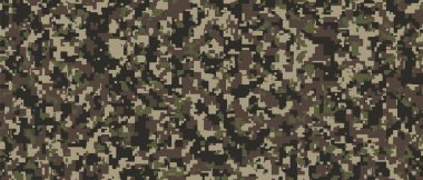 Kahverengi, yeşil ve siyah pikselli kamuflaj. Haki Dijital Camo geçmişi, askeri düzen, ordu ve spor giysileri, şehir modası. Vektör Biçimi. 21: 9 görünüm oranı.