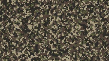 Kahverengi, yeşil ve siyah pikselli kamuflaj. Haki Dijital Camo geçmişi, askeri düzen, ordu ve spor giysileri, şehir modası. Vektör Biçimi. 16: 9 görünüm oranı.