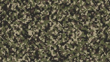 Kahverengi, yeşil ve siyah pikselli kamuflaj. Haki Dijital Camo geçmişi, askeri düzen, ordu ve spor giysileri, şehir modası. Vektör Biçimi. 16: 9 görünüm oranı.