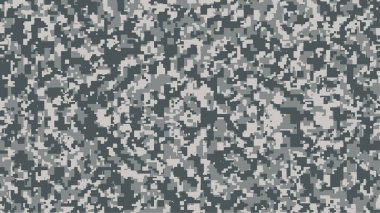 Gri pikselli kamuflaj. Dijital kamuflaj, askeri düzen, ordu ve spor giysileri, şehir modası. Vektör Biçimi. 16: 9 görünüm oranı.