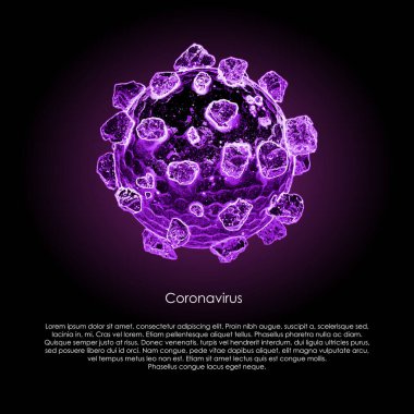 Örnek metni olan siyah bir arkaplanda Covid-19 virüsü var. Hızla yayılan Coronavirus 'un modeli. Küresel hastalık. Vektör Biçimi.