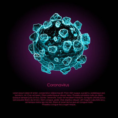 Örnek metni olan siyah bir arkaplanda Covid-19 virüsü var. Hızla yayılan Coronavirus 'un modeli. Küresel hastalık. Vektör Biçimi.