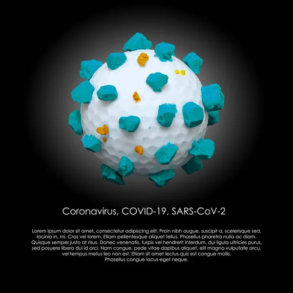 Covid 19ウイルスは サンプルテキストを含む黒い背景でクローズアップされます 急速に拡大したコロナウイルスのモデル 世界的な病気だ ベクトル形式 — ストックベクタ