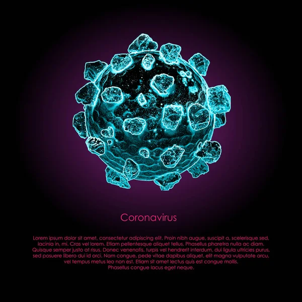 Covid Virus Close Een Zwarte Achtergrond Met Sample Tekst Model — Stockvector