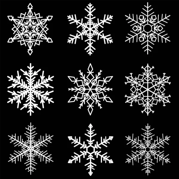 Varios copos de nieve de invierno vector. Set de nueve copos de nieve blancos sobre fondo negro — Archivo Imágenes Vectoriales