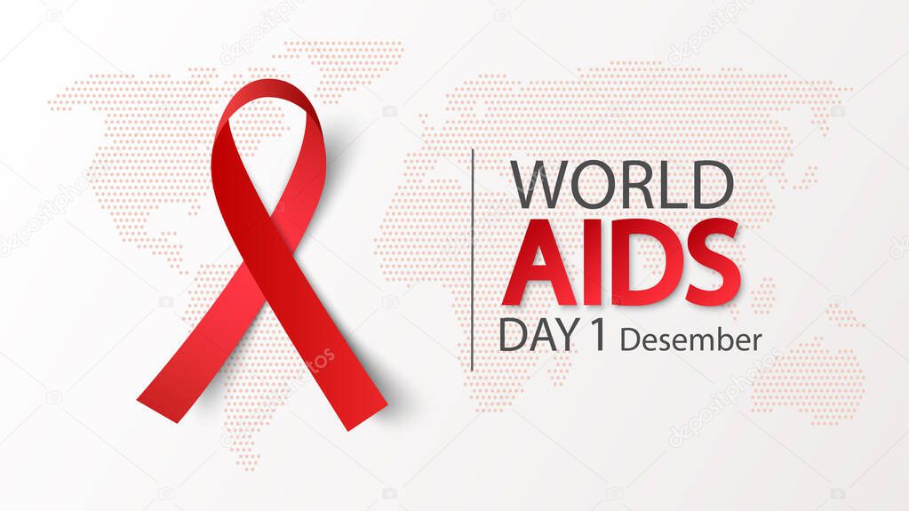 World AIDS Day 1 December. Vector illustration With aids awareness ribbon on world map background