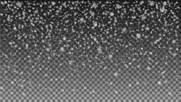 Weihnachtlicher Schneefall. Schneeflocken fallen auf transparentem Hintergrund. Vektorillustration. — Stockvektor