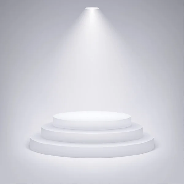 Kulaté pódium osvětlené reflektory na šedém pozadí. Eps10 vektorová ilustrace — Stockový vektor