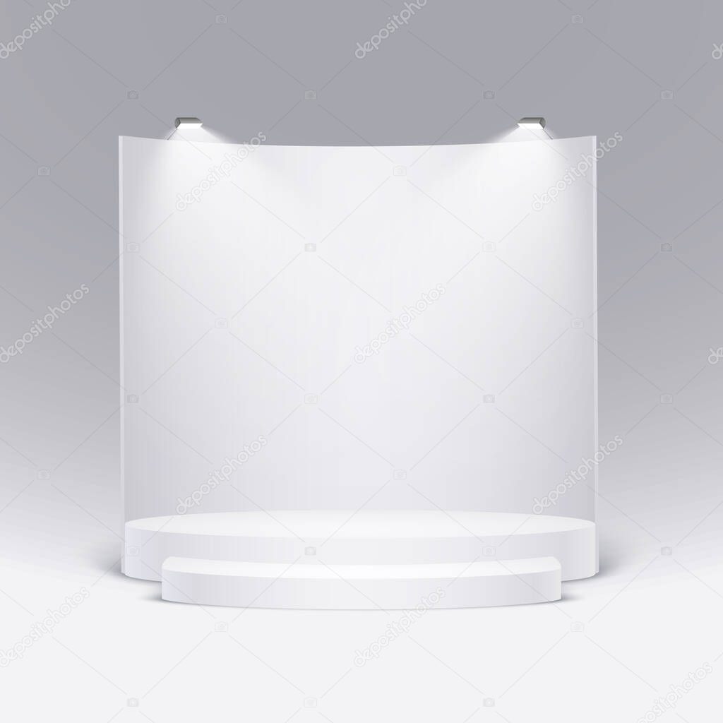 White round podium illuminated with light. Vector pedestal for product presentation. Eps10