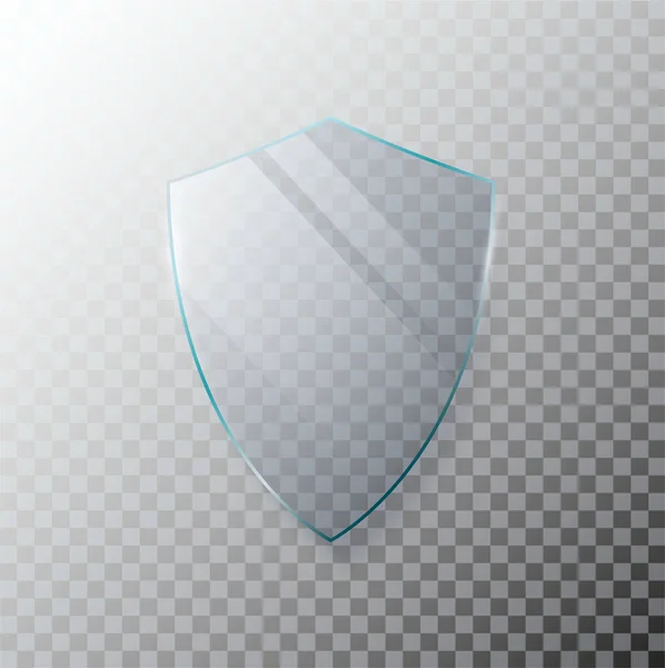 Escudo transparente de vidrio. Escudo protector de vidrio con reflejo y brillo sobre fondo transparente. Ilustración vectorial — Vector de stock