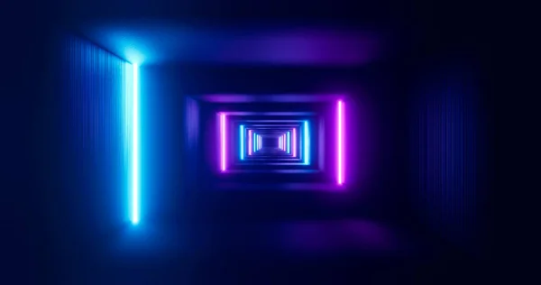 Corredor futurista con lámparas de neón. Túnel geométrico sin fin, espectro rosa azul. 3d renderizar — Foto de Stock