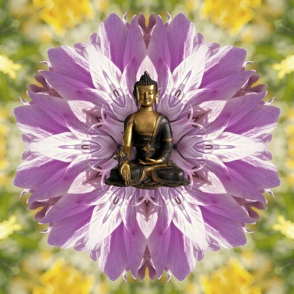 Spiritual background for meditation with buddha statue and flowers isolated in abstract background