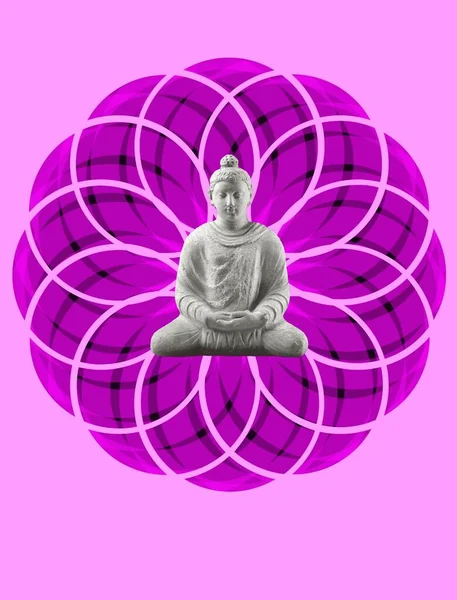 Spiritual background for meditation with buddha statue and flowers isolated in abstract background