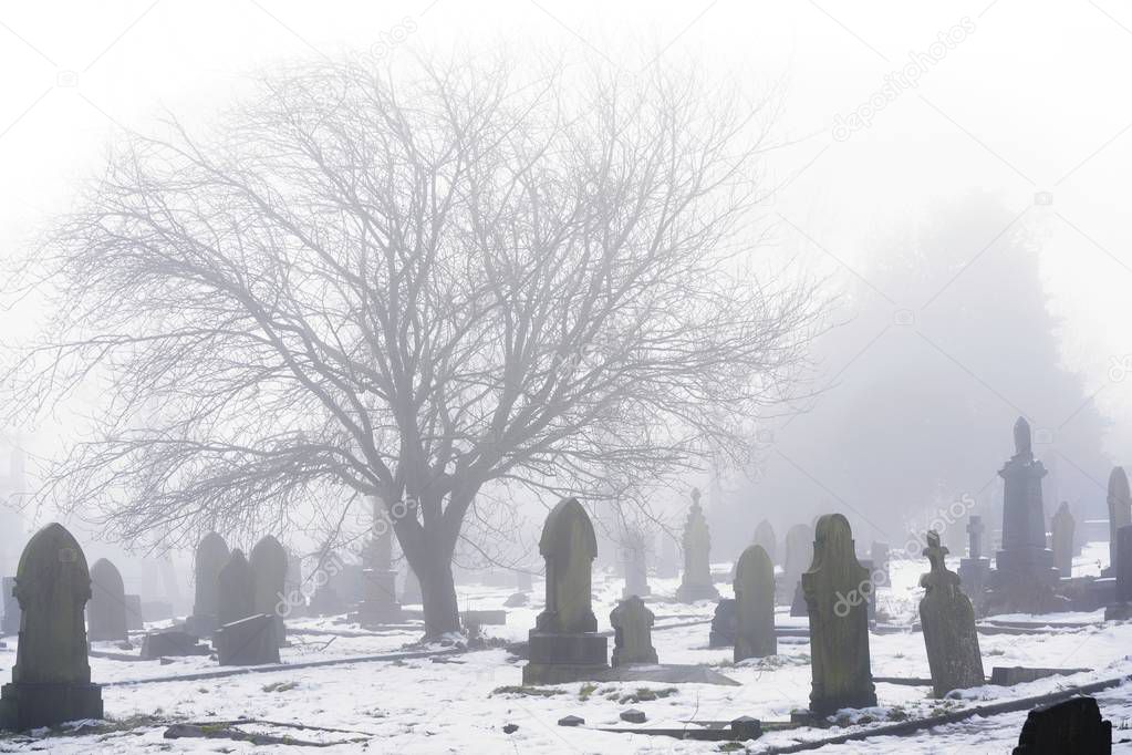 Cold, winter graveyard scene with dark headstones and a ghostly tree silhouette against a background of white mist and snow.
