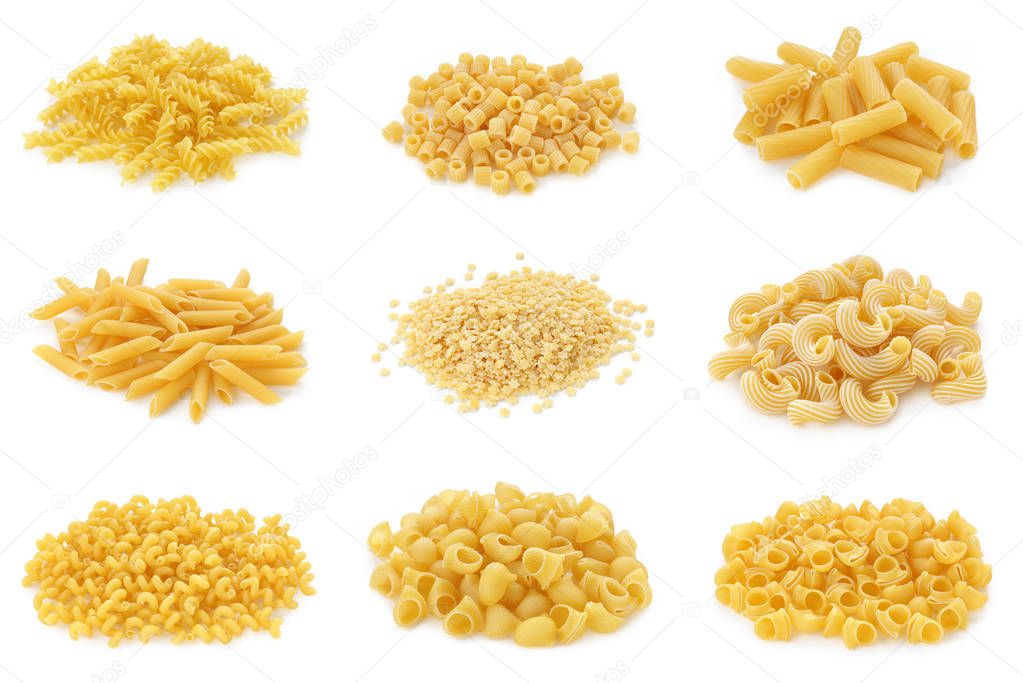 collection of italian pasta on white background