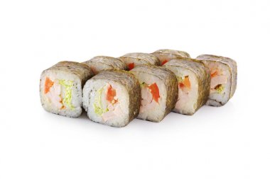 Suşi Sezar ile domates, Çince lahana, füme tavuk, nori izole beyaz bir arka plan üzerinde