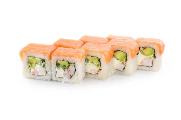Sushi with rice, salmon, tiger shrimp, avocado, cheese, nori on a white background Stock Photo