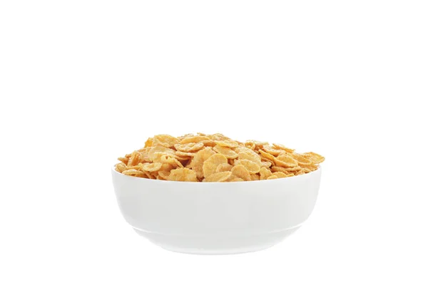 Fiocchi di mais colazione cereali in una ciotola bianca su sfondo bianco isolato — Foto Stock