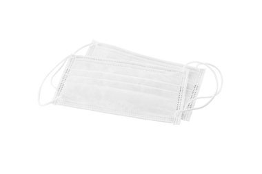 Koronavirüsü önle. Tıbbi yüz kalkanı beyaz arka planda izole edilmiş. Tek kullanımlık yüz maskesi ağız ve burun karantinasını kapatır.