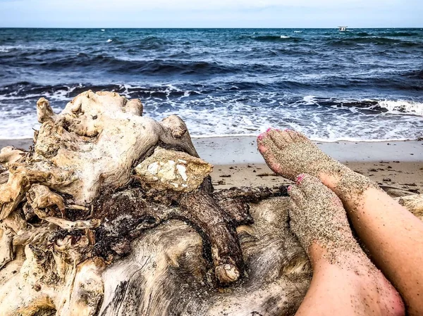 Pieds de femme et bois flotté sur la plage — Photo