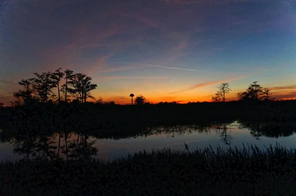 Silueta y reflejos del atardecer del Pantano de Louisiana — Foto de Stock