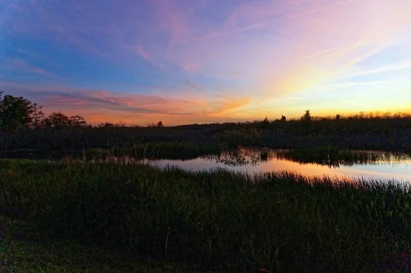 Louisiana Sílhueta do pôr do sol do pântano e reflexões — Fotografia de Stock