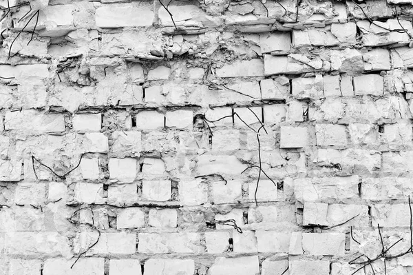 Part of the wall of white brick with pieces of rebar of an old building for demolition