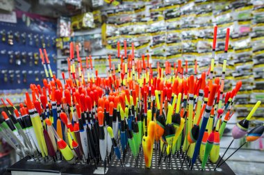 Fishing tackle with colored floats close-up in a fishing shop Russia, Kursk region, Zheleznogorsk October 2019