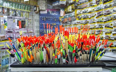 Fishing tackle with colored floats close-up in a fishing shop Russia, Kursk region, Zheleznogorsk October 2019
